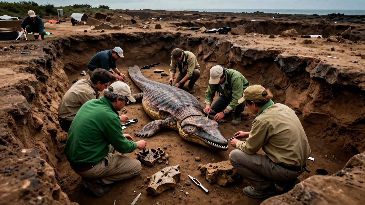 Investigadores examinan restos fósiles de un reptil marino prehistórico en un sitio de excavación.