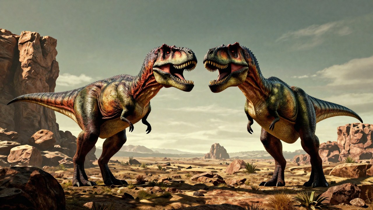 Dos therópodos, Tarbosaurus y T. Rex, se comparan en un paisaje prehistórico para mostrar sus distintas estructuras.