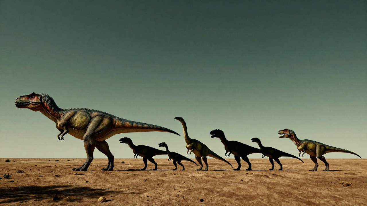 Linea de dinosaurios terópodos para comparar visualmente sus tamaños relativos en un entorno prehistórico.
