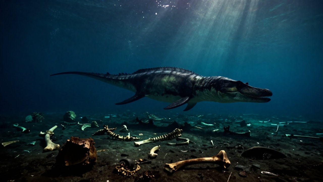 Colosal Tylosaurus nadando en las profundidades prehistóricas junto a restos de fósiles.