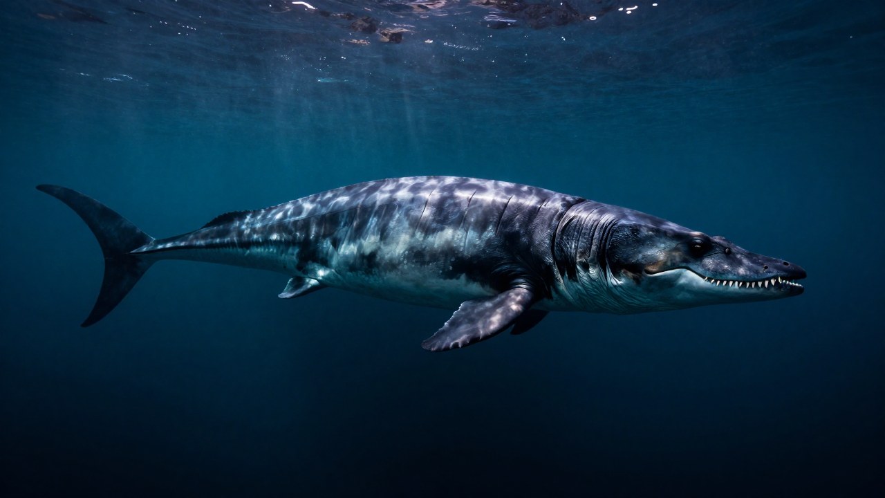 Tylosaurus colosal nadando en el océano profundo del Cretácico, exhibiendo su impresionante escala y poder.