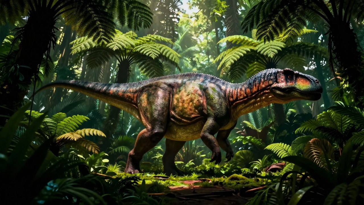 Un gigantesco Titanosaurus atraviesa una exuberante jungla prehistórica, enfatizando su escala.
