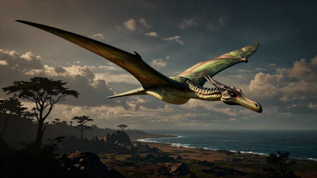 Pterosaurio gigante volando poderosamente sobre un paisaje costero prehistórico del Cretácico.