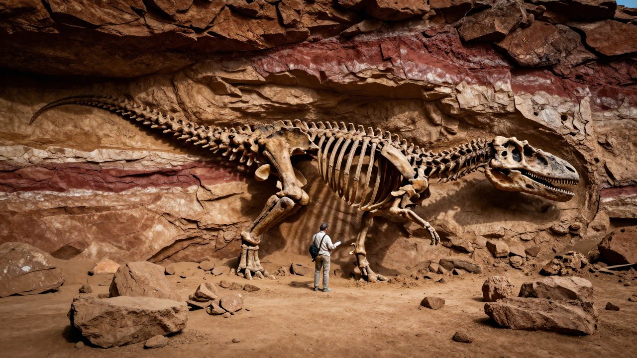 Paleontólogo examina los restos fósiles masivos de un Allosaurus en el sitio de excavación.