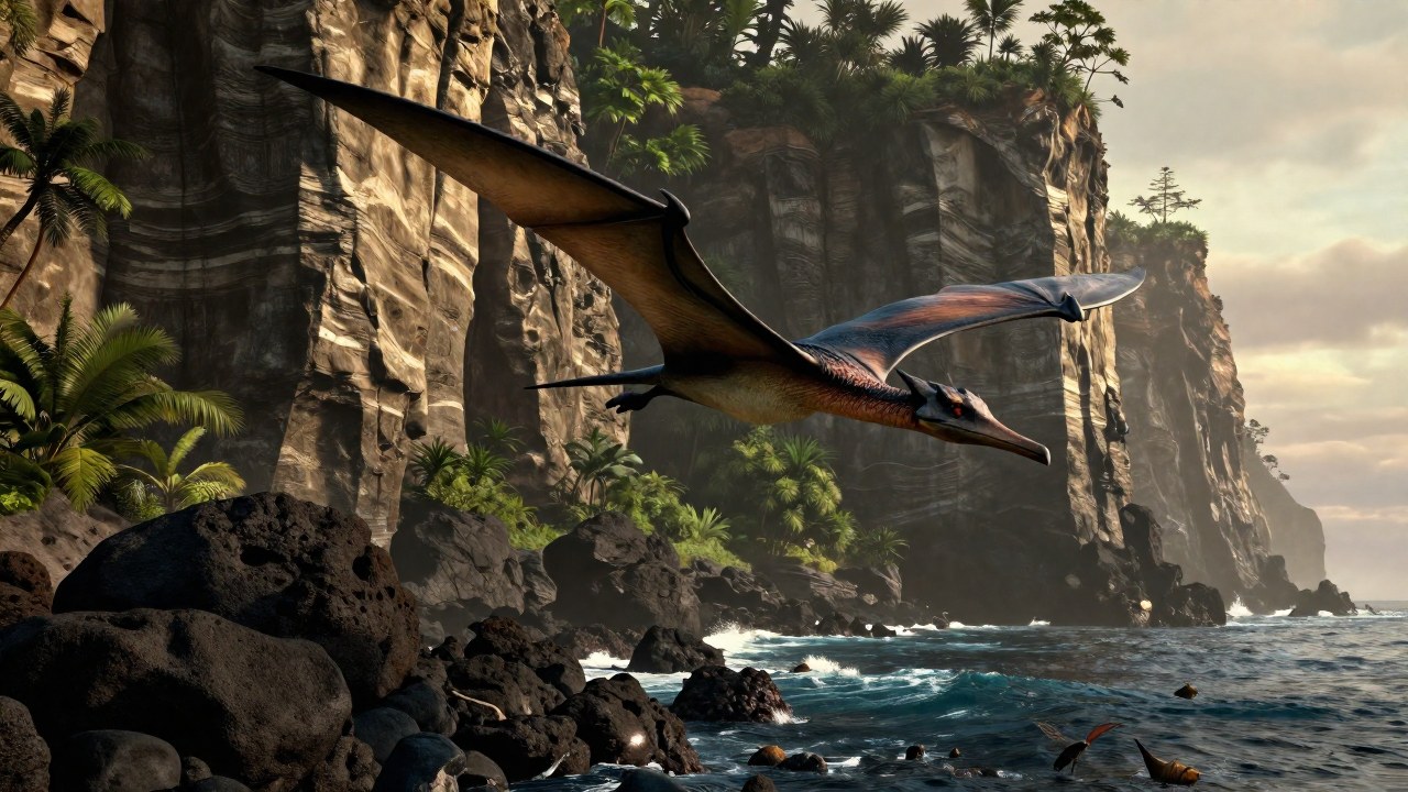 Pterodáctilo volando dinámicamente sobre una costa rocosa rodeada de acantilados mesozoicos.