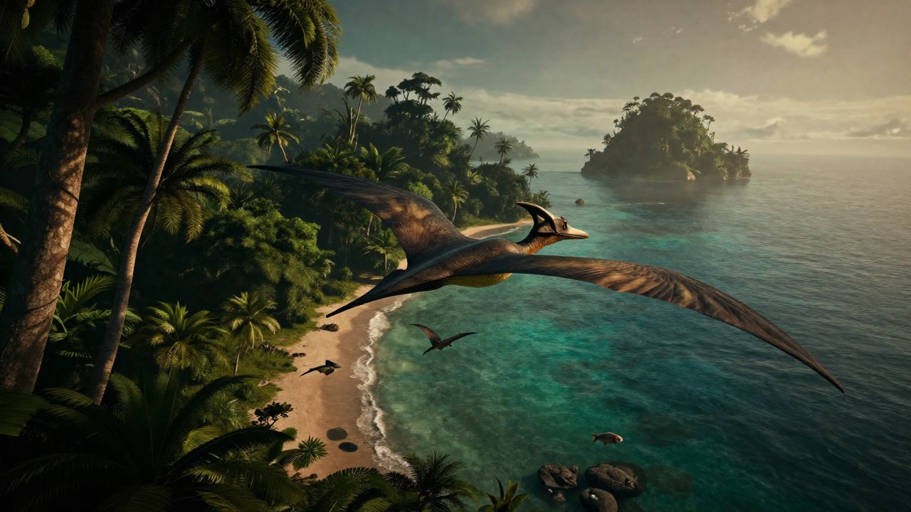 Pterodáctilo sobrevuela una costa prehistórica, cazando presas acuáticas cerca de la orilla.