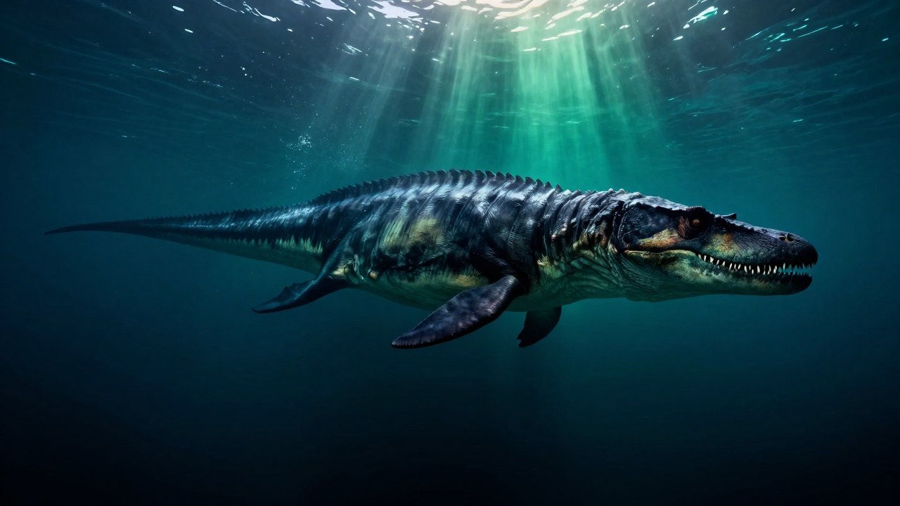 Pliosaurus colosal nadando en las profundas y turbulentas aguas de un océano prehistórico.